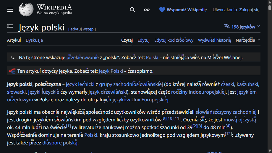 The same Polish Wikipedia article rendered with Szpargalka Sans in Wikipedia's native dark mode.