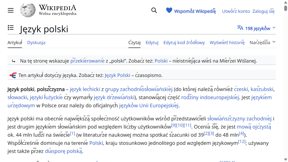 Polish Wikipedia article about the Polish language rendered with Szpargalka Sans in light mode, showing Cyrillic pronunciation hints above Polish digraphs.